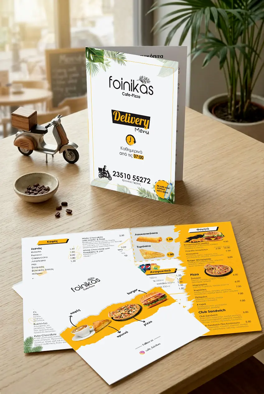 A photorealistic mockup of a pizza delivery menu and flyer on a wooden cafe table with a small decorative scooter.