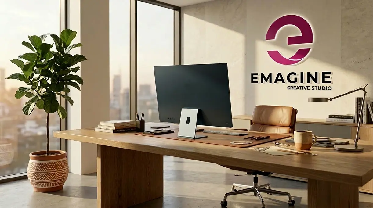 A premium, sunlit creative studio office with a minimalist wooden desk, a large indoor plant, and the Emagine logo displayed on the back wall.