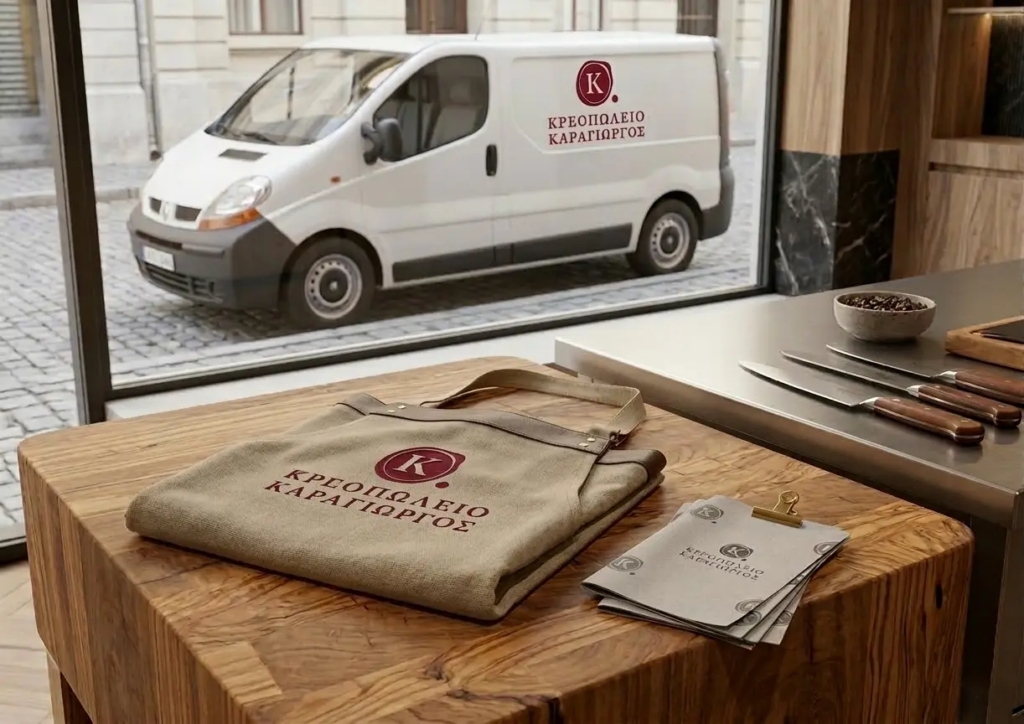 A luxury black and beige butcher's apron with a red circular 'K' logo on a rustic wooden block.