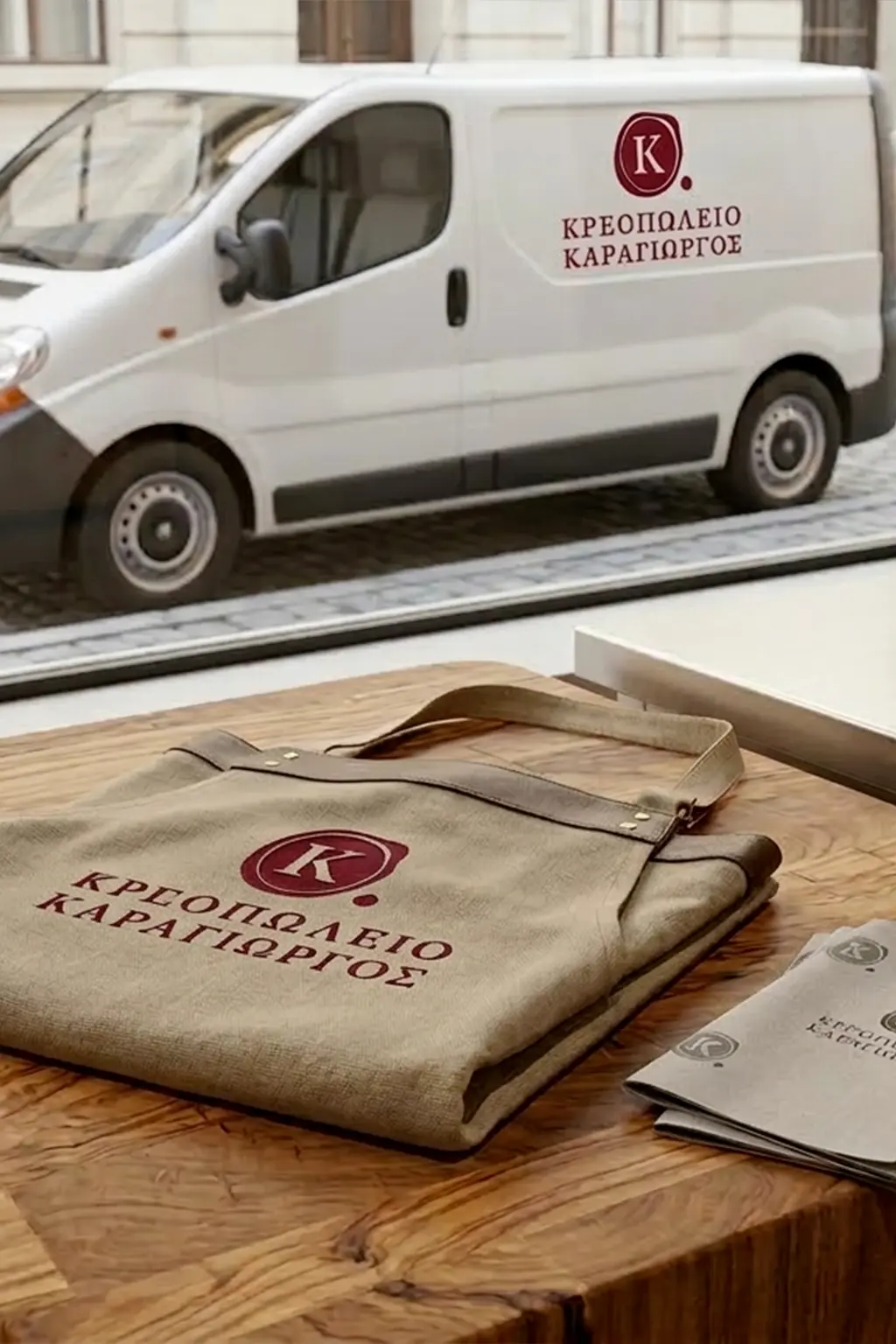 A luxury black and beige butcher's apron with a red circular 'K' logo on a rustic wooden block.