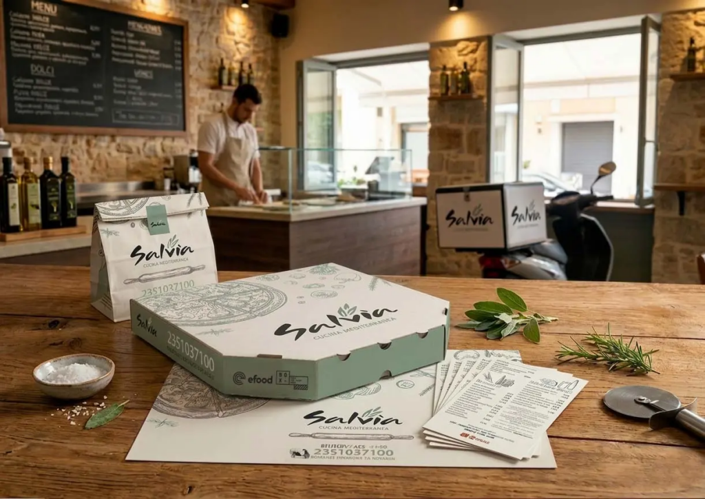 A slim, 8-cornered white and sage green pizza box with the Salvia logo, resting on a wooden counter with a branded placemat.