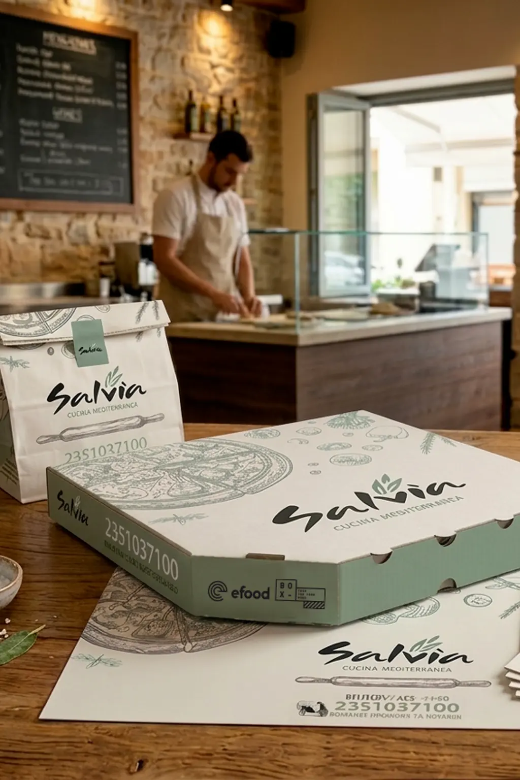 A slim, 8-cornered white and sage green pizza box with the Salvia logo, resting on a wooden counter with a branded placemat.