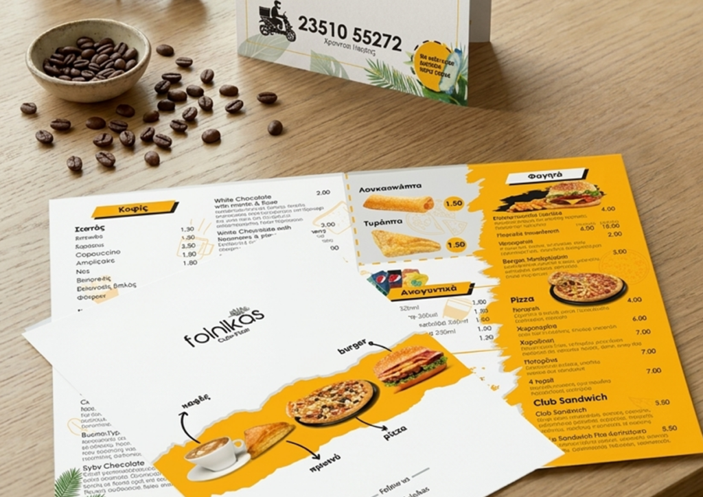 A photorealistic mockup of a pizza delivery menu and flyer on a wooden cafe table with a small decorative scooter.